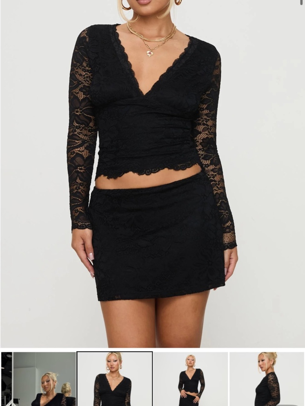 Princess Polly Black Lace V-Neck Long Sleeve Top and Mini Skirt Set size 12